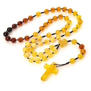 Baltic Amber Rosary: Hand-Carved Cross & Rose - Catholic Prayer Beads