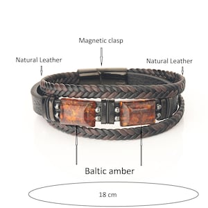 Heren leren armband met Baltische barnsteen – Magnetische sluiting – Sieraden van natuursteen, cadeau voor hem