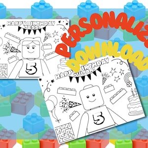 May include: Two black and white coloring pages with the text "HAPPY BIRTHDAY JESSI!" and "HAPPY BIRTHDAY JULIAN!" featuring a Lego-style character with the number 5. The word "PERSONALIZED DOWNLOAD" is in orange and yellow.