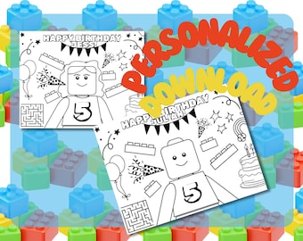 Personalized Building Brick Figure Birthday Coloring Page & Placemat - Digital Download