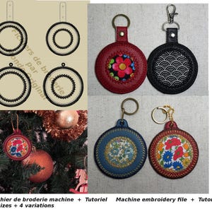 May include: A collection of embroidered keychains in various colors and patterns, including floral and geometric designs. The keychains are round with a stitched border and attached to metal key rings. The image also shows a Christmas tree with a keychain ornament.