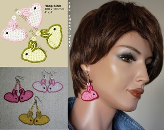 Rabbit FSL lace earrings machine embroidery design, machine embroidery files