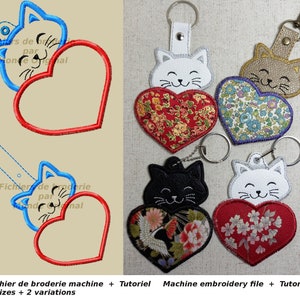 Peut inclure: Fichier de broderie machine pour un chat qui sort d'un cœur. Le motif est disponible en deux tailles et deux variantes. Le fichier comprend un tutoriel.