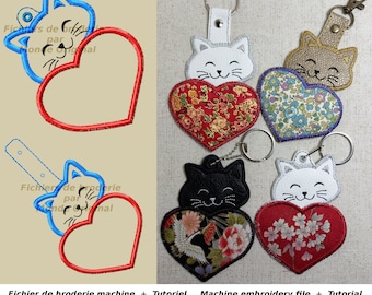 Broderie machine ITH porte-clés chat coeur