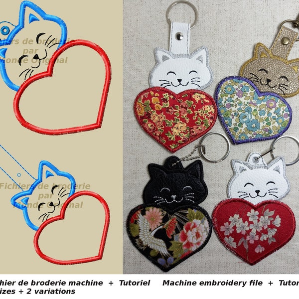 Broderie machine ITH porte-clés chat coeur