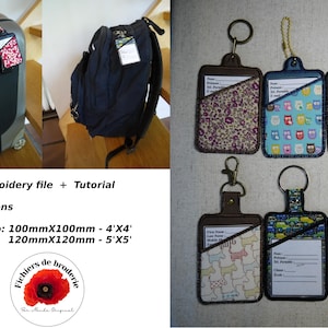 Motif de broderie machine ITH porte-clés étiquette pour cartable ou valise
