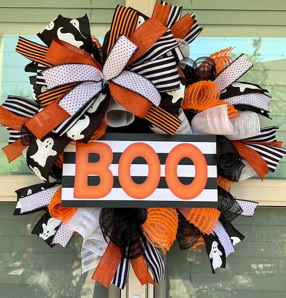 BOO Halloween Wreath, Halloween, front door decor, black and white decor, orange, black, white