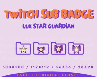May include: Purple folder icons with a gold star and bow design. The text "TWITCH SUB BADGE LUX STAR GUARDIAN" is above the icons. The text "500X500 / 112X112 / 56X56 / 28X28" is below the icons. The text "ESTY: THE DIGITAL CLOSET" is at the bottom of the image.