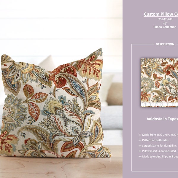 Valdosta in Tapestry; Flower Paisley Jacobean Floral Gold Ivory Beige Taupe Red Yellow; Custom Pillow Cover; Ready to Ship