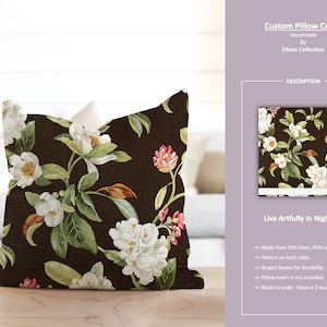 Live Artfully in Nightfall; Watercolor Floral Leaf Vintage Blooming Dark Brown White Ivory Green Pink; Custom Pillow Cover; Ready to Ship