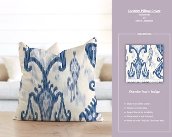Khandar Ikat in Indigo; Ikat Floral Flower Blue Ivory; Custom Pillow Cover; Ready to Ship
