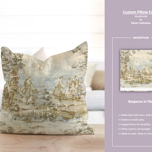 Bosphore dans le lin ; Toile française vintage antique victorienne beige bleu clair vert ; Housse de coussin personnalisée ; Prêt à expédier