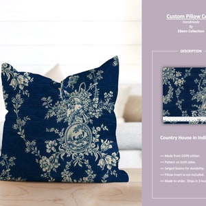 Country House in Indigo Blue; French Toile Vintage Antique Floral Flower; Custom Pillow Cover; Ready to Ship