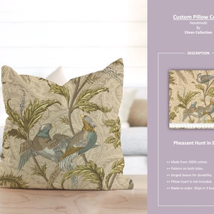 Pheasant Hunt in Birch; Colorful Bird Floral Paisley Cream Tan Beige; Custom Pillow Cover; Ready to Ship
