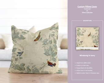 Windsong in Ivory; Colorful Birds Floral Flower Heritage Vintage; Custom Pillow Cover; Ready to Ship