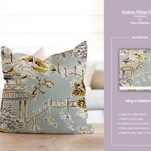 Ming in Goldenrod; Chinoiserie Garden Asian Toile Blue Gold Yellow Gray; Custom Pillow Cover; Ready to Ship