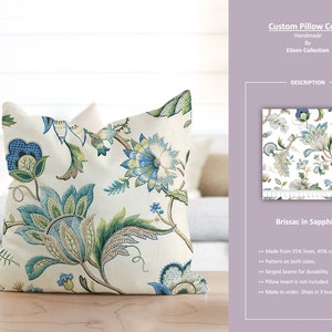 Brissac en Zafiro; Flor Floral Jacobea Agustín Marfil Azul Verde; Funda de almohada personalizada; Listo para enviar