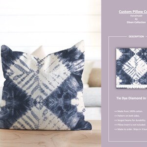 Tie Dye Diamond in Indigo; Geometric Square Blue Beige; Custom Pillow Cover; Ready to Ship