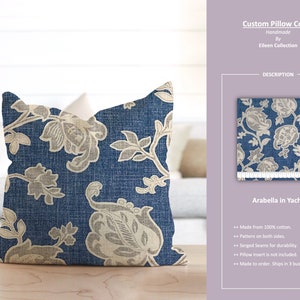 Arabella in Yacht; Jacobean Blumenblume Blau Grau; Benutzerdefinierte Kissenbezug; Versandfertig