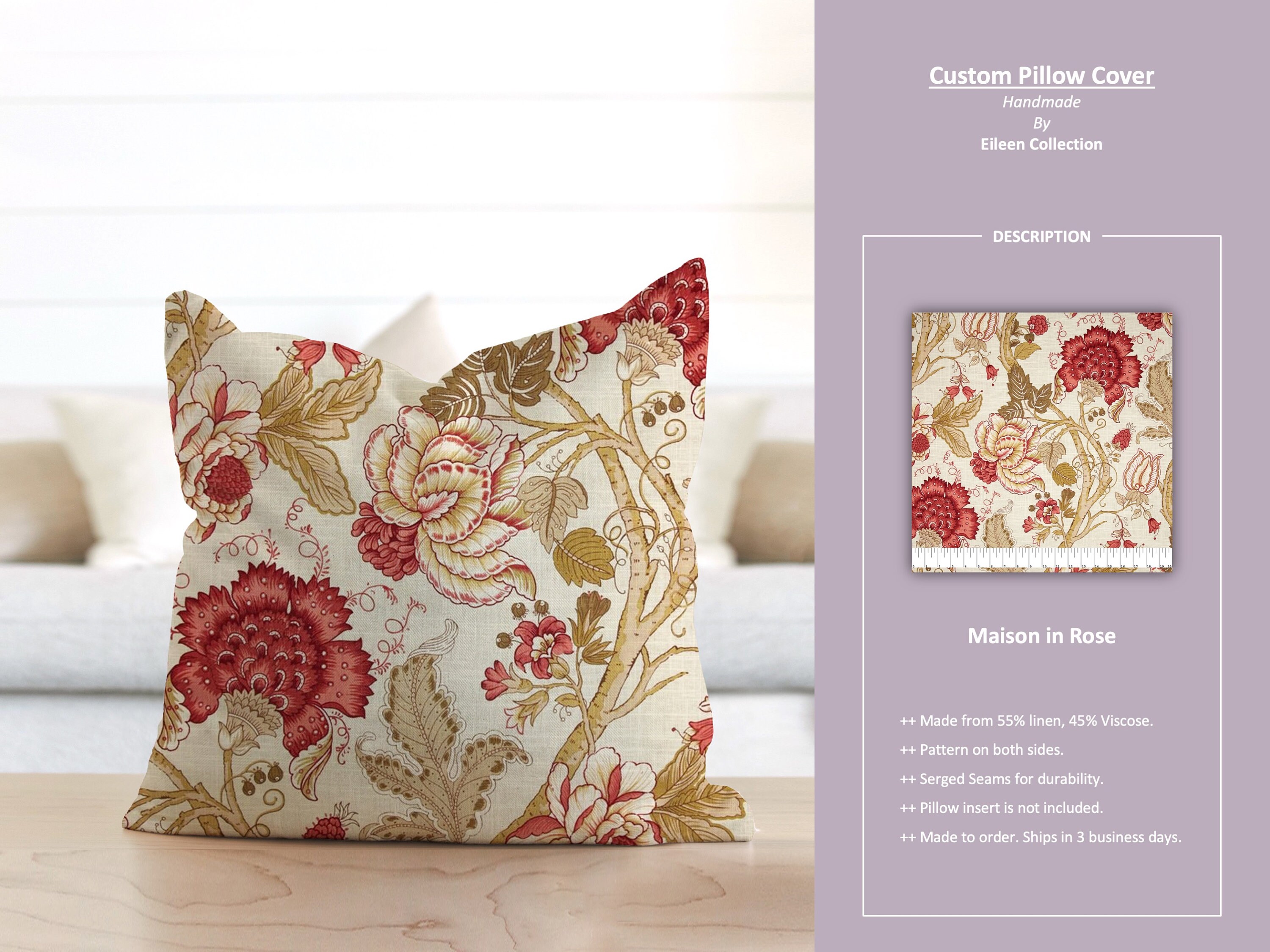 Maison in Rose; Jacobean Floral Vintage Beige Red Pink Cream; Custom Pillow Cover; Ready to Ship