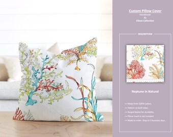 Neptune in Natural; Nautical Tropical Coral Fish Undersea Life White Ivory Colorful; Custom Pillow Cover; Ready to Ship