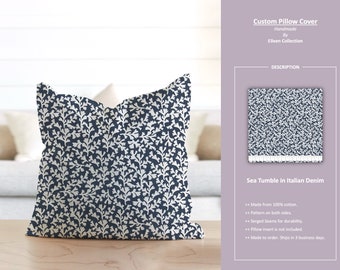 Sea Tumble in Italian Denim; Gingko Leaf Seaweed Blue White; Custom Pillow Cover; Ready to Ship