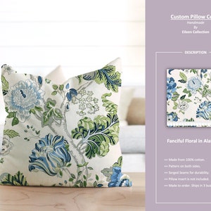 Fanciful Floral in Alabaster; Jacobean Floral Flower Beige Green Blue; Custom Pillow Cover; Ready to Ship