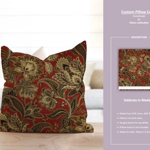 Valdosta in Maderia; Flower Paisley Jacobean Floral Gold Dark Red Brown Taupe Beige; Custom Pillow Cover; Ready to Ship