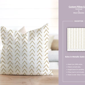 Boho in Metallic Gold on White; Abstract Geometric Gold Arrow White; Custom Pillow Cover; Ready to Ship