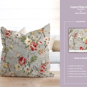 Vinita al Rustico; Acquerello floreale fogliame fiore vintage grigio rosso crema avorio giallo; Fodera per cuscino personalizzata; Pronto a spedire