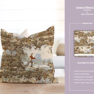 Avondale in Vintage; Country Toile Hunting Fishing Forest Beige Cream; Custom Pillow Cover; Ready to Ship