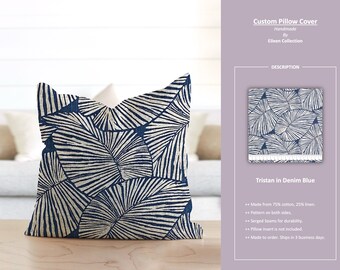 Tristan in Denim Blue; Contemporary Leaves Tropical Leaf; Custom Pillow Cover; Ready to Ship