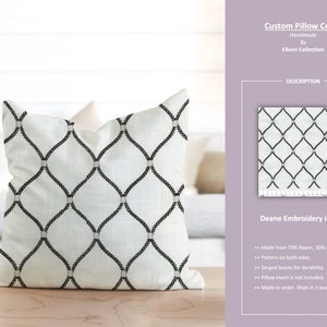 Deane Embroidery in Zinc; Lattice Ogee Ivory Black Embroidered Silver; Custom Pillow Cover; Ready to Ship