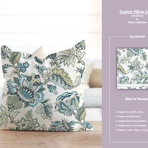 Kihei in Peacock; Jacobean Floral Flower Beige Blue Green; Custom Pillow Cover; Ready to Ship
