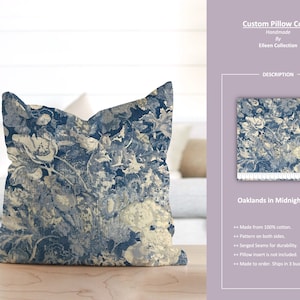 Oaklands in Midnight Blue; Vintage Dusty Blue Floral Leaf; Custom Pillow Cover; Ready to Ship