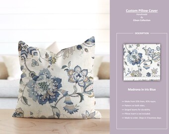 Madrona in Iris Blue; Jacobean Floral Flower Ophelia Beige Blue; Custom Pillow Cover; Ready to Ship