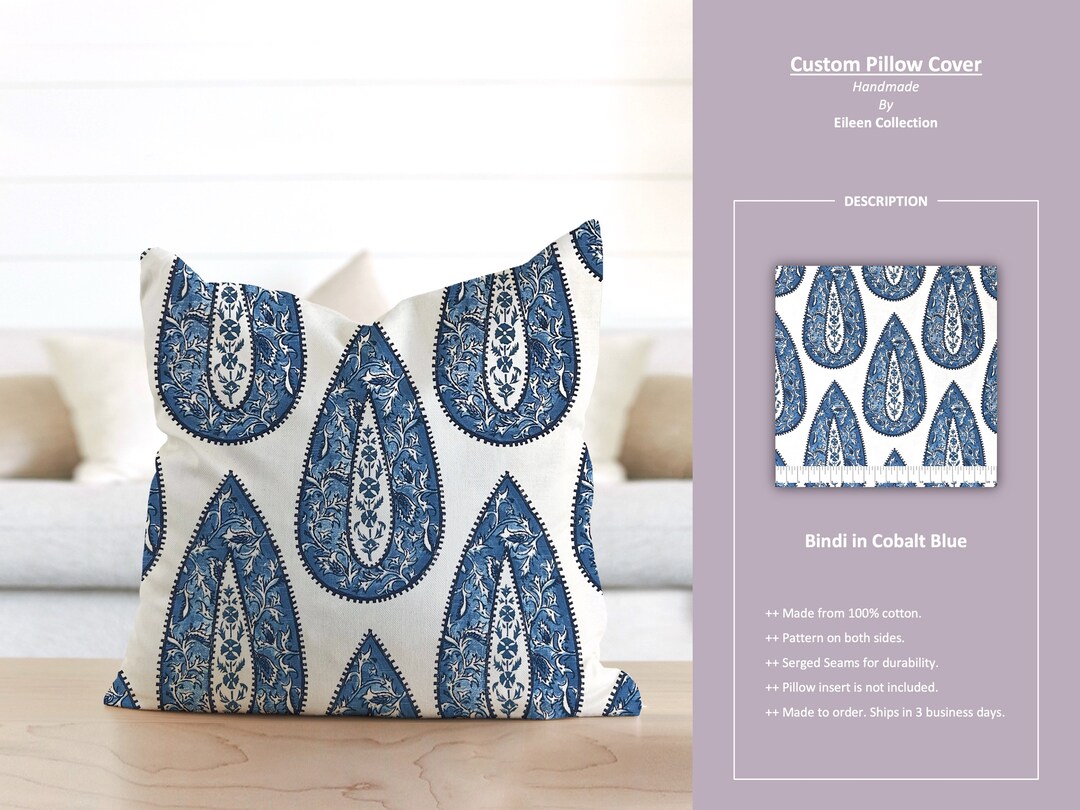 Bindi in Cobalt Blue; Paisley Floral Tear Drop White; Custom Pillow ...
