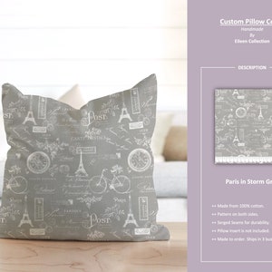Paris in Storm Gray; Paris Eiffel Tower Stamp Bicycle Gray White; Custom Pillow Cover; Ready to Ship