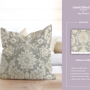 Belmont in Mist; Damask Floral Flower Beige Ivory Gray Yellow; Custom Pillow Cover; Ready to Ship
