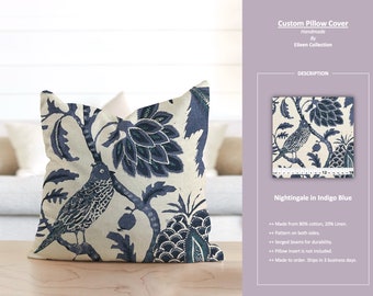 Nightingale in Indigo Blue; Jacobean Floral Flower Bird Natural; Custom Pillow Cover; Ready to Ship