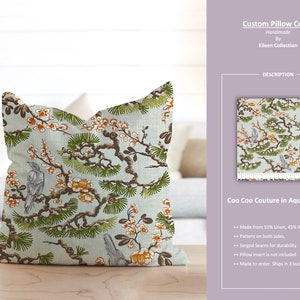 Coo Coo Couture in Aqua Garden; Cineserie Uccello Pino asiatico Floreale Azzurro Verde; Fodera per cuscino personalizzata; Pronto a spedire