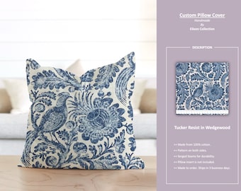 Tucker Resist in Wedgewood; Floral Bird Phoenix Blue Flower Beige; Custom Pillow Cover; Ready to Ship