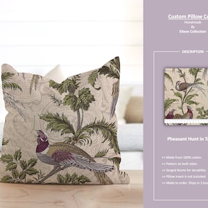 Pheasant Hunt in Tartan; Colorful Bird Floral Paisley Cream Tan Beige Raspberry; Custom Pillow Cover; Ready to Ship