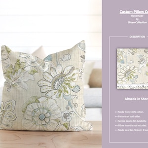 Almada in Shore; Jacobean Floral Flower Gray Beige Ivory Green Blue; Custom Pillow Cover; Ready to Ship