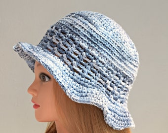 Blue Cotton Summer Bucket hat, Blue Crochet sun hat, Floppy sun hat, Summer beach hat, Knit sun hat, Cute hat, soft headwear summer