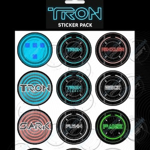 May include: A pack of Tron-themed stickers. The top of the image has a neon blue sign that says "TRON STICKER PACK". The stickers are circular with various character names and Tron logos in neon colors.