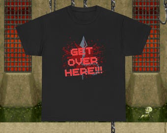 Get Over Here Scorpion Spear Chain Mortal Kombat Inspired 8-Bit Blood Splatter Graphic Tee