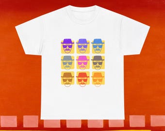 T-shirt multicolore inspiré du style pop art de Heisenberg, Breaking Bad et Walter White, avec un motif de fan art.