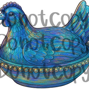May include: A detailed illustration of a blue hen sitting in a decorative bowl. The hen is rendered with intricate feather details and a crest. The bowl is adorned with a beaded trim, creating a charming and artistic design.