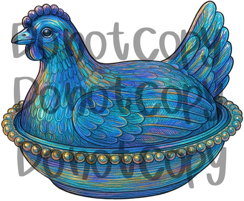 May include: A detailed illustration of a blue hen sitting in a decorative bowl. The hen is rendered with intricate feather details and a crest. The bowl is adorned with a beaded trim, creating a charming and artistic design.